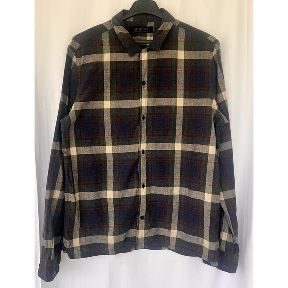 AllSaints Men’s 2XL Flannel Button-Up Shirt Navy Red Plaid Streetwear Grunge - Picture 1 of 7